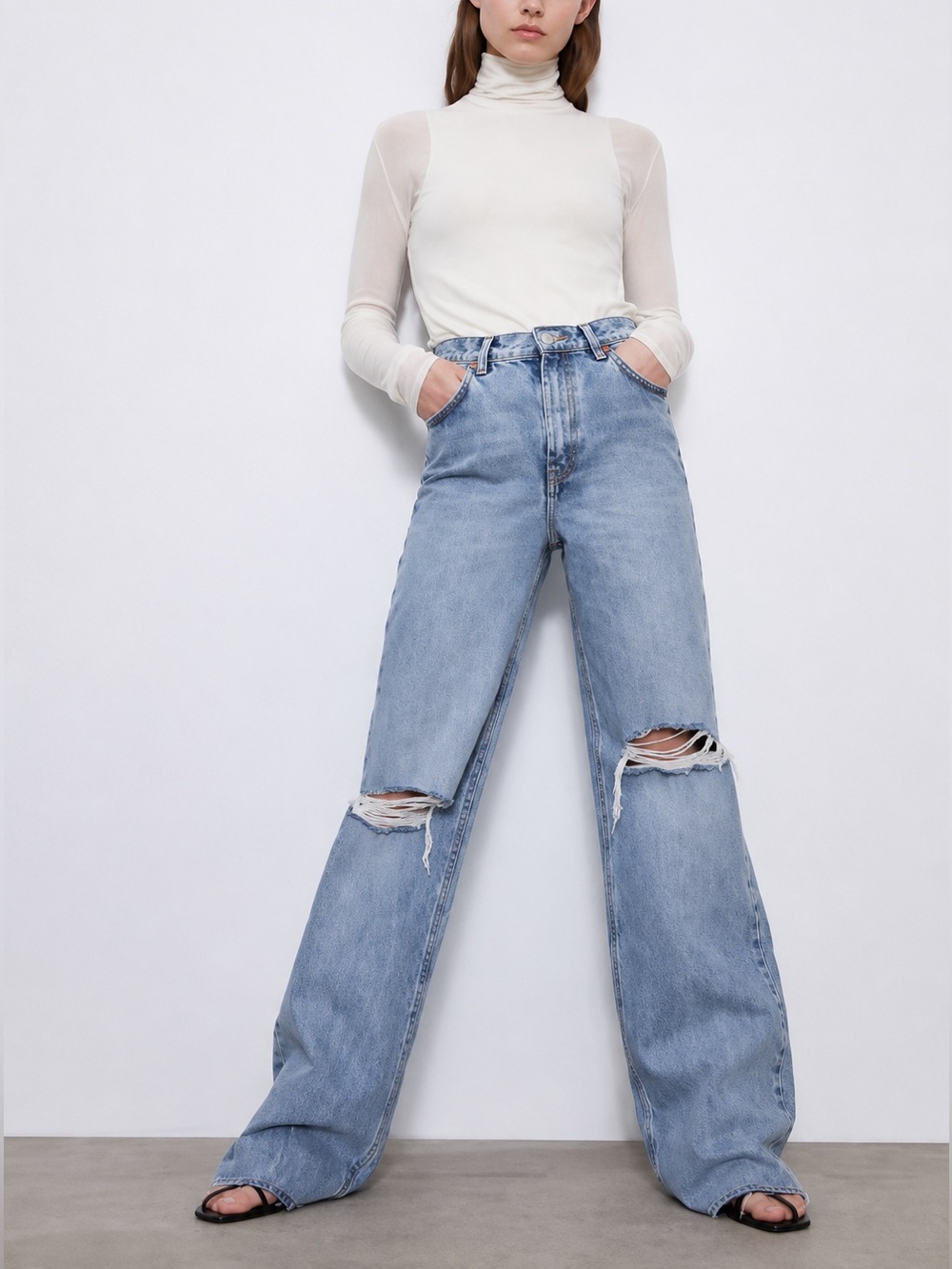 Zara High Rise Wide Leg Full Length Ripped Jeans Blue Size 8